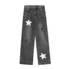 Jeans pour femmes Femmes Rétro Star Patch 2023 Automne Tendance High Street Hip Hop Neutre Couple Pantalon Droit Mi Taille Lâche