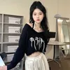 Deeptown Korean Streetwear Y2k Crop 2 Pieces Sets Top Women Harajuku Fashion Letter Oversize Sweater Grunge Off Shoulder Jumper