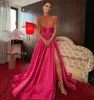 Rosy Pink A Line Prom Dresses paljetter High Neck Evening Dress Sweep Train Formell Split Ruffle Long Special Ocn Party Dress