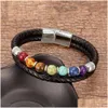 Charm armband chakra män armband 7 färg naturlig yoga helande sten pärlor svart äkta läder hommes pseras smycken gåvor släpp de dhlb2