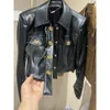 Women's new design turn down collar PU leather single breasted gold buttons patchwork cool jacket coat SMLXL