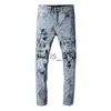 Jeans Homme Pantalon Bleu Skinny Slim Jeans Coupe Déchirée Cult Biker Moto Hip Hop Street Fashion pour Jeunes Hommes Gars Stretch Rivet Patch Jambe Droite Peinture Denim Longue Tendance