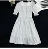 2023 Summer Blue Striped Print Dress Short Sleeve Peter Pan Neck RhinestoneKnee-Length Casual Dresses S3S01M033