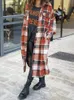 European and American Women's Wool extended trench coat with lapel and side slit Woman's woolen plaid coat