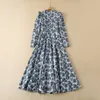 2023 Round Neck Jacquard Blue Floral Dress Print Long Sleeve Panelled Long Maxi Dresses 22S021350D