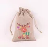 Jul Burlap Linen Drawstring Bag Gift Wraps Santa Claus Snowman Penguin Elk Candy Jewelry Packaging Presentförvaringspåsar Xmas Favors Decoration SN6258