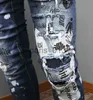 Herenjeans Herenjeans Blauw Graffiti Distressed Skater Sparkle Wash Skinny Fit Denim Broek met versleten effect Man267h7254067 x0911