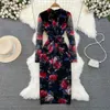 Moda feminina estilo vestido celebridade temperamento manga longa com decote em v cintura encolhendo malha envoltório hip vestido de impressão elegante vestido longo