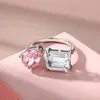 Hot Sale High quality Hiphop charm Jewelry Adjustable Engagement Double Diamond Pink Rectangle Open Ring 925 Silver rings for women
