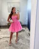 Sexy Rosy Pink Cocktail Dress Strapless Lace Short prom dresses Backless A Line mini party homecoming Special Occasion dress