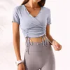 lu-T969 tenue de yoga T-shirt à séchage rapide pour femmes avec cordon de serrage à manches courtes hauts de sport minces sexy ajusté à manches courtes r2451