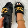 Slippare Winter Plush Slippers Fashion Open Toe Solid Women's Sandals Female Metal Chain Outdoor Ladies Casual inomhus Varma fluffiga skor 230908