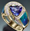 Perlen Exquisiter Vintage 18K Dreiecksschliff Meerblauer Kristall mit kleinem Zirkon Hohler Damen Ring Hochzeit Brautjungfer Party Geschenk Fein Je Otpms