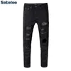 Sokotoo heren slanke skinny kristal strass patchwork gescheurde jeans Mode patch zwarte stretch denim pants248S