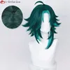 Cosplay perucas jogo genshin impacto cosplay xiao peruca 40cm curto cabelo verde com adesivos anel resistente ao calor perucas de festa sintética peruca boné 230908