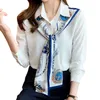 Kvinnors nya design ol Work Office Print Floral Scarf White Long Sleeve Blus Shirt SMLXLXXL