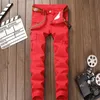 Мужские джинсы Байкерские красные повседневные брюки с несколькими карманами на молнии Тонкие эластичные джинсовые брюки Высокое качество263U