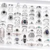 Bulk Lots 50pcs Antique Silver Bohemia Vintage Rings Women Natural Stone Charm Ethnic Fashion Party Gifts Jewelry Accessory Wholes195u