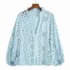 Women's Blouses Shirts Women Lace Shirt Hollow Out Embroidery Blouse White Blue Green Rose Pink Summer Clothing Modern Girl Blusa Tops 230908