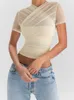 Women's Blouses Shirts Women Cross Mesh Blouse Shirts Short Sleeve See Through Slim Fit Crop Tops Summer Sexy Retro Fashion Y2K Top and Blouses 230908