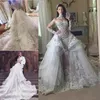 Luxury Crystal Overskirt Wedding Dresses High Collar Lace Applique Beaded Tiered Organza Chapel Train Wedding Gown Vestido de novi183y