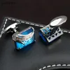 Boutons de manchette Lowkey luxe boutons de manchette en verre bleu pour hommes marque Lepton haute qualité carré cristal chemise Relojes Gemelos 230908