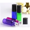 Bouteille de parfum 5 ml 1 / 6 oz Ambre Vert Violet Bleu Verres Roller sur bouteilles Huile essentielle vide par avec rouleau en acier inoxydable en verre Dhxhb