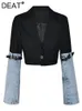Kvinnors kostymer blazers DEAT Fashion Denim Patchwork Blazer notched Collar Single Button Lång ärm Kort kostym Jackor Autumn 2023 7AB010 230908