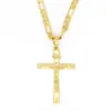 Grand pendentif fin solide jaune 24 carats, 18ct THAI BAHT G F, or, croix de jésus, Crucifix, breloque 55 35mm, chaîne Figaro, collier 2374