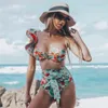 Duas peças feminino floral push-up acolchoado sutiã babados bandagem conjunto de biquíni maiô roupa de banho beachwear biquini 220221204b