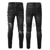 Jeans pour hommes Jeans skinny noirs extensibles pour motard pour hommes Slim genou déchiré avec trou pulvérisé sur lettre peinture homme pantalon Splash Designer en détresse coupe moteur longue fermeture éclair droite