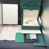 Wysokiej jakości ciemnozielone skrzynki zegarkowe Fase for Rolex Boxes Watches Watches Card Card Tags i papiery w angielsku Szwajcarskie zegarki