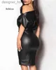 Grundläggande avslappnade klänningar Casual Dresses Black Asymmetrical Sexy Faux Leather Bodycon Dress Women Summer Long Sleeve Kne Length Pencil L230910