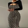 Women's casual dress 2023 spring and autumn printed zippered long-sleeved dress slim sexy women's skirt279L