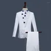 Abiti da uomo Blazer Abito tunica cinese Stile retrò Bianco con strass blu Giacca Pantaloni dritti Set 2 pezzi Stand Col204s