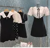 2023 Summer Black Contrast Color Panelled Dress Short Sleeve Peter Pan Neck RhinestoneKnee-Length Casual Dresses S3S01M053