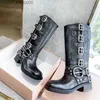 Boots Harness Belt Buckled cowhide leather Biker Knee Boots chunky heel zip Knight boots Fashion square toe Ankle Booties for women luxury Q230909