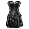 Black Faux Leather Corset Dress Overbust Boned Basque Mini Skirt Sexy Lingerie Bodyshaper Slimsuit Nightwear S-6XL Plus Size237B