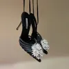 Aquazzura kristal margarita pompa 105mm nero çiçek rhinestone dekorasyon yüksek topuklu elbise sivri ayak ayak bileği kayış stiletto topuk sandal elbise fabrika ayakkabı