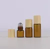 wholesale Amber Clear 1ml 2ml 3ml 5ml Roll On Bottle Glass Roller Vials with Plastic Bamboo Cap 600Pcs Lot SN5282