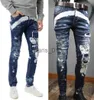 Herenjeans Herenjeans Blauw Graffiti Distressed Skater Sparkle Wash Skinny Fit Denim Broek met versleten effect Man267h7254067 x0911