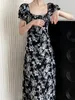 Luxi New Chinese Style Vintage Floral Dress Blooming Square Collar Drawstring Lace National Style Puff Sleeve Skirt 8919