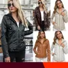 2023 Autumn Winter Women's Pu Leather Jackets Stand Collar Hooded Zip Spliced ​​Rivet Striped Woman's Faux Fur Short Slim Coats BKJ23009