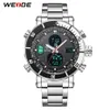 Weide Mens Quartz 디지털 스포츠 자동 날짜 백라이트 알람 리피터 다중 시간 영역 스테인리스 스틸 밴드 시계 손목 Watch307v