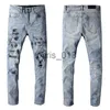 Mens Jeans Man Blue Pants Skinny Slim Jeans Ripped Fit Cult Biker Moto Hip Hop Street Fashion For Young Mens Guys Stretch Rivet Patch Straight Paint Denim Long Trend