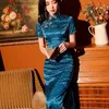 Basic Casual Jurken Casual Jurken Qipao Avondjurken Blauwe Zijden Cheongsam Jurk Bedrukken Grote Maten Cheongsams Chinese Traditionele Obscuur Oosterse Lange Jurken