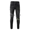 Jeans pour hommes Jeans skinny noirs extensibles pour motard pour hommes Slim genou déchiré avec trou pulvérisé sur lettre peinture homme pantalon Splash Designer en détresse coupe moteur longue fermeture éclair droite