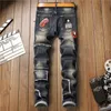 Mäns jeans Mens Mens Luxury Hole Ripped Retro Jeans Ejressed Badge Patched Brodery Denim Pants Slimming Hard Washed Casual 230909