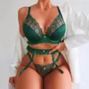 Lingerie feminina verde escuro floral renda bordada push up lingerie conjunto sutiã sexy e calcinha de renda transparente conjunto de três peças275n