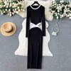Casual Dresses 2023 Autumn Fashion Color Match Knitting Maxi Dress For Women O Neck Long Sleeve Hollow Out Waist Slim Bodycon